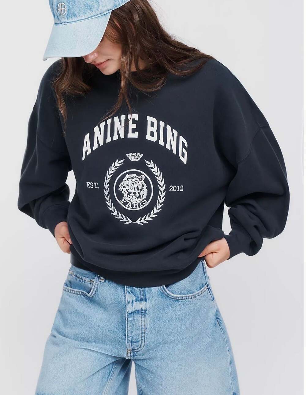 Anine Bing Miles Collegiate Sweatshirt in Dark Navy Size Small NWT